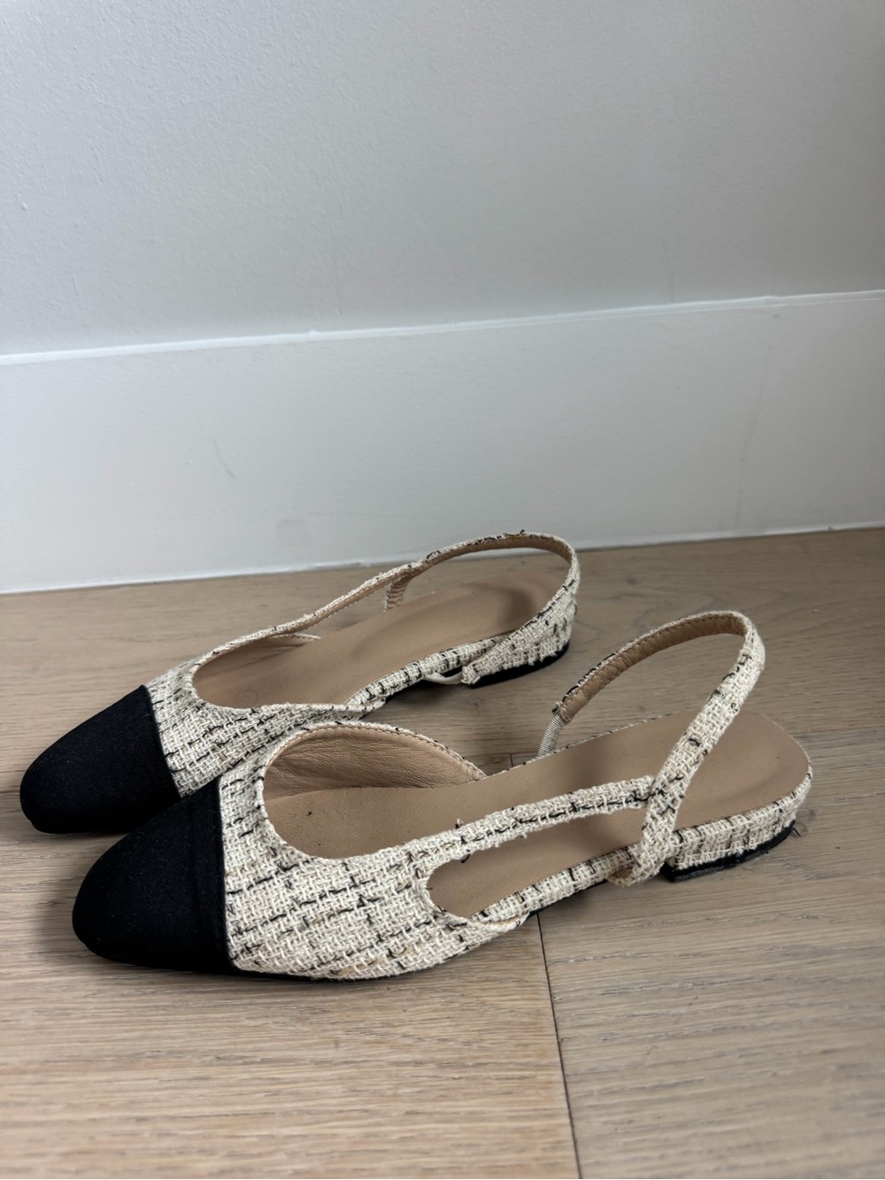 Tweed Slingback Flats with Black Cap Toe